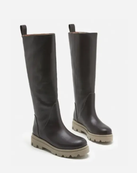 Flattered - Luna pitkät nahkasaappaat, tummanruskeat